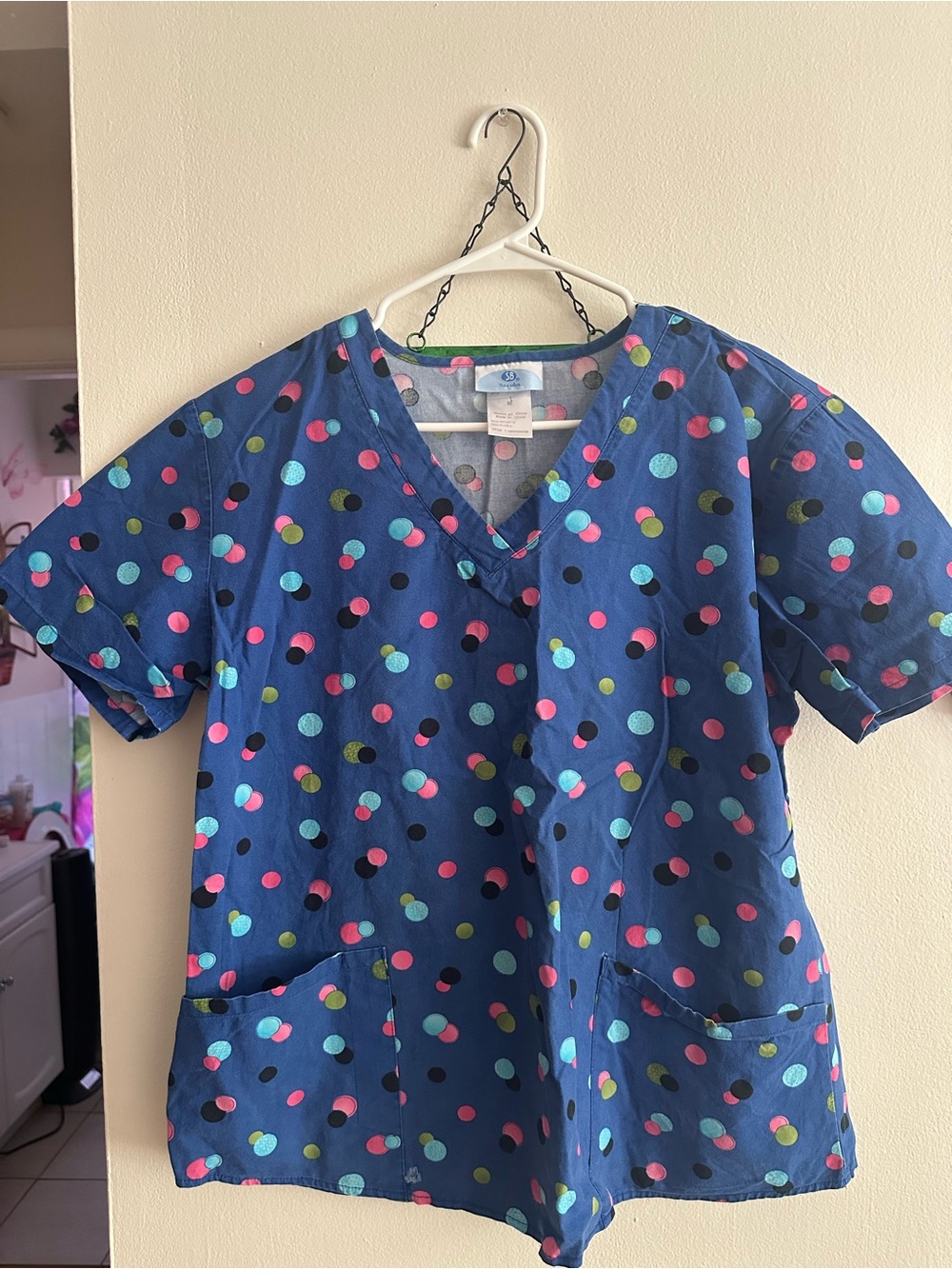 SB Scrubs Navy Multicolor Dot Print V-Neck Top